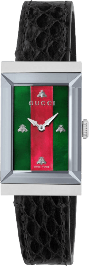 Gucci G-Frame Mother of Pearl Green & Red Dial Black Leather Strap Watch For Women - YA147403