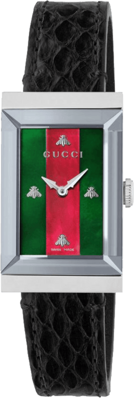 Gucci G-Frame Mother of Pearl Green & Red Dial Black Leather Strap Watch For Women - YA147403