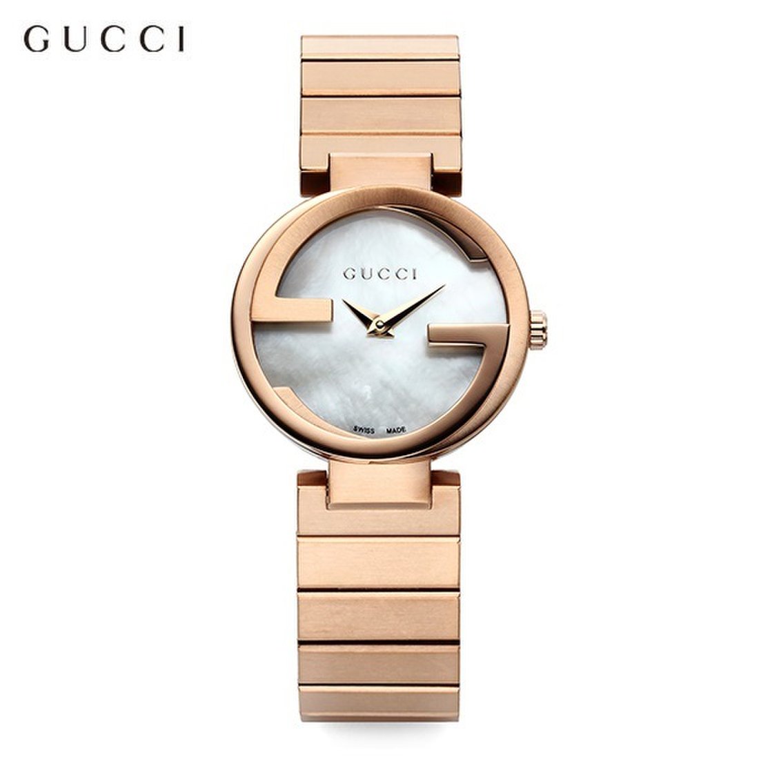 Gucci G Interlocking Mother of Pearl Dial Rose Gold Steel Strap Watch For Women - YA133515