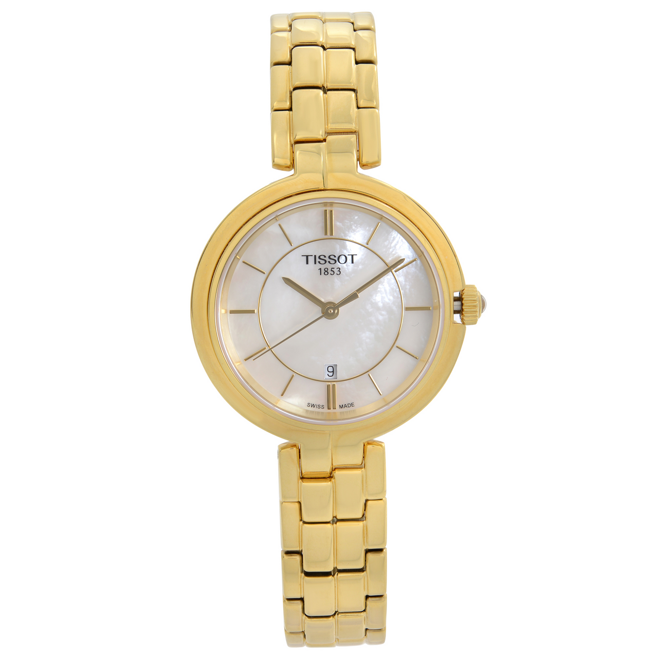 Tissot Flamingo Mother of Pearl White Dial Gold Steel Strap Watch For Women - T094.210.33.111.00