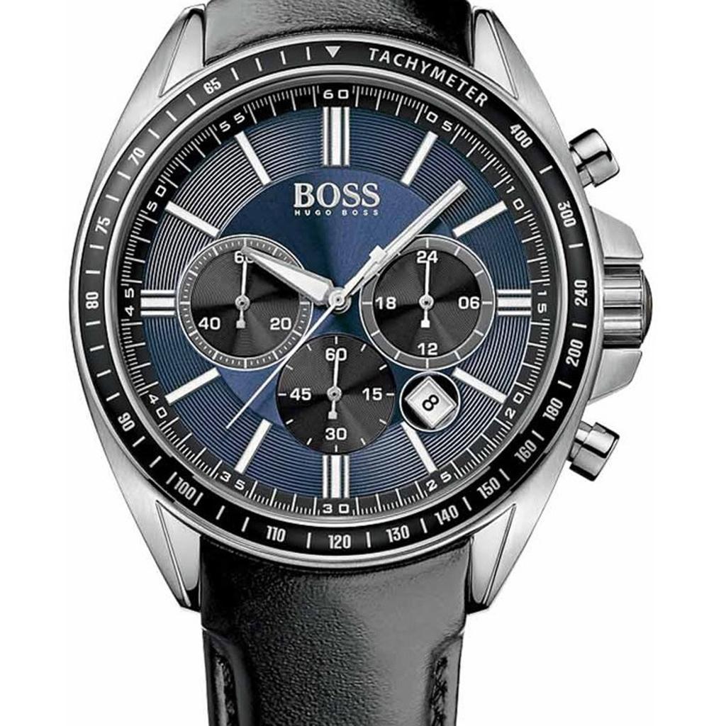 Hugo Boss Driver Sport Chronograph Blue Dial Black Leather Strap Watch for Men - 1513077