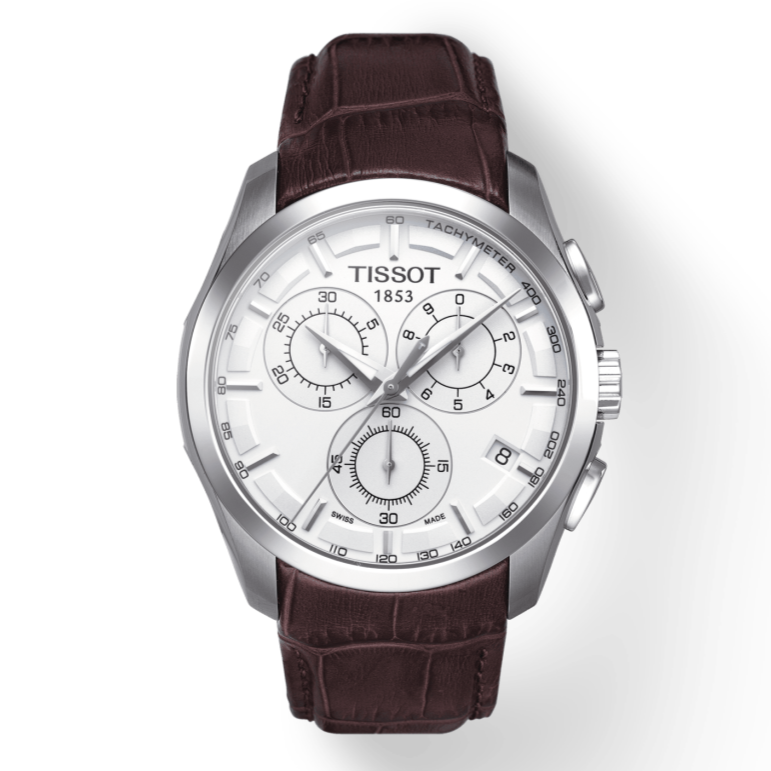 Tissot Couturier Chronograph White Dial Brown Leather Strap Watch For Men - T035.617.16.031.00