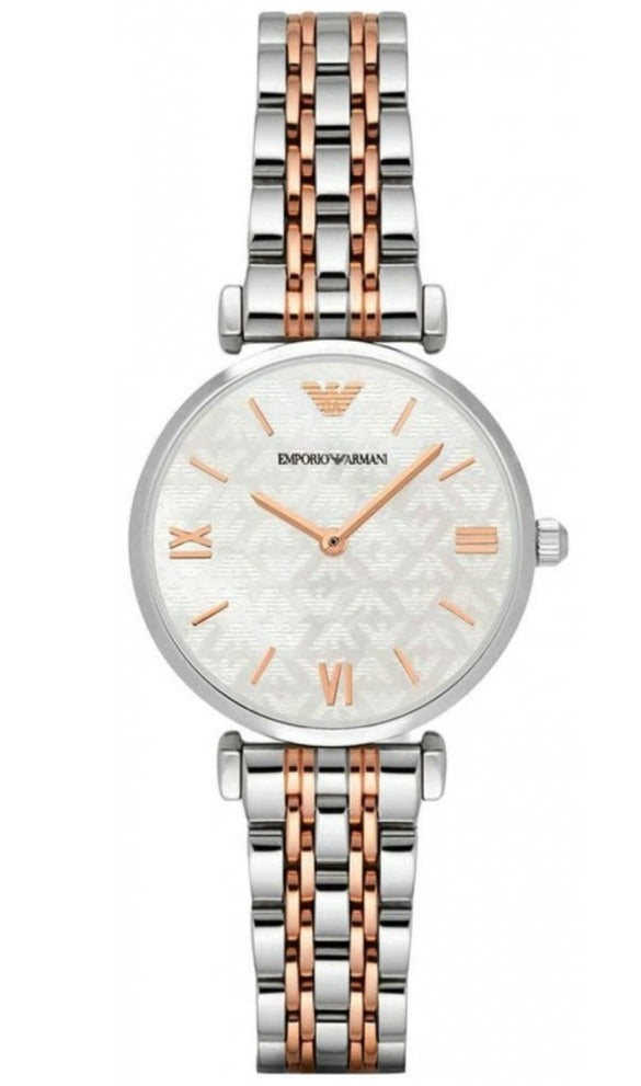 Emporio Armani Gianni T-Bar Mother of Pearl Dial Two Tone Steel Strap Watch For Women - AR1987