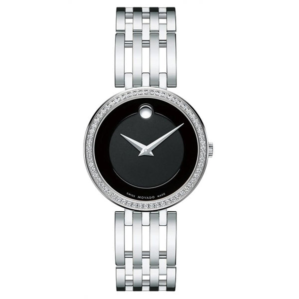 Movado Esperanza 63 Diamonds Black Dial Silver Steel Strap Watch For Women - 0607052
