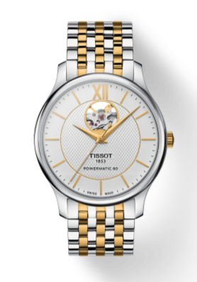 Tissot Tradition Powermatic 80 Open Heart Silver Dial Two Tone Steel Strap Watch For Men - T063.907.22.038.00