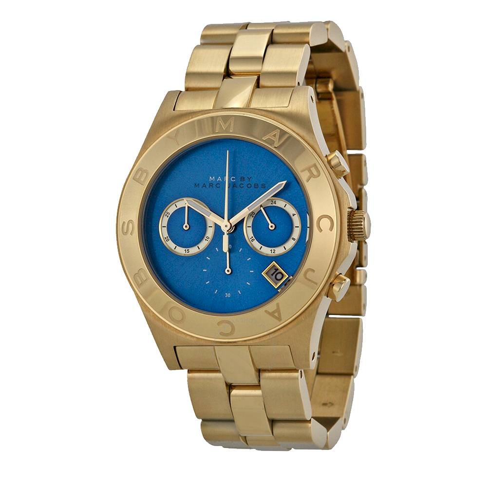 Marc Jacobs Blade Chronograph Blue Dial Gold Steel Strap Watch for Women - MBM3307