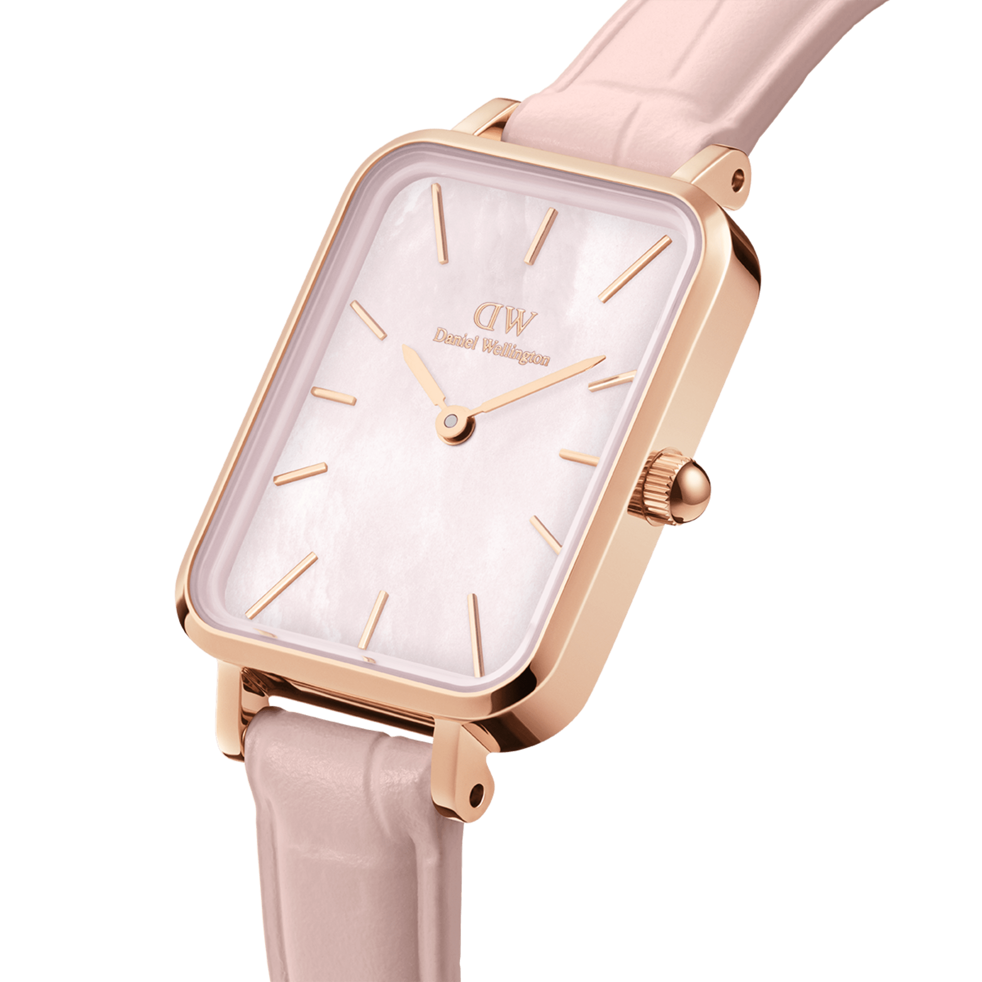 Daniel Wellington Quadro Pressed Mother of Pearl Pink Dial Pink Leather Strap Watch For Women - DW00100508