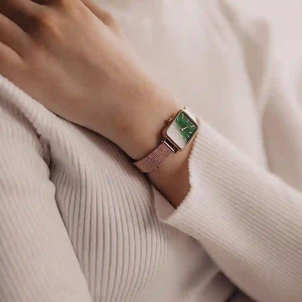Daniel Wellington Quadro Melrose Green Dial Rose Gold Mesh Strap Watch For Women - DW00100437