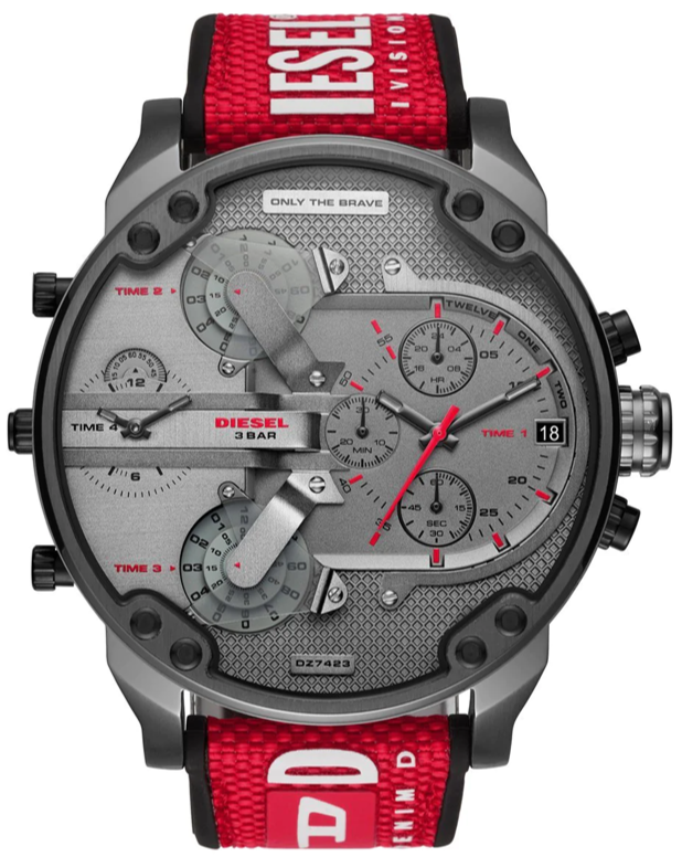 Diesel Mr Daddy 2.0 Chronograph Grey Dial Red Rubber Strap Watch For Men - DZ7423