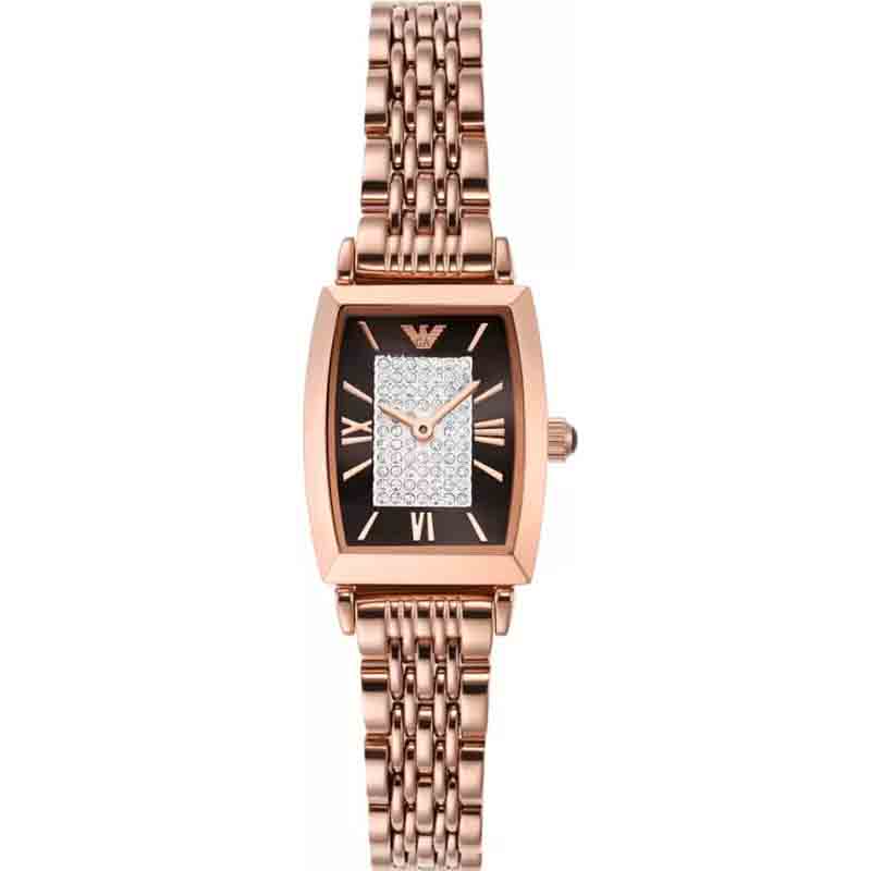 Emporio Armani Gianni T-Bar Analog Crystal Brown Dial Rose Gold Steel Strap Watch For Women - AR11407