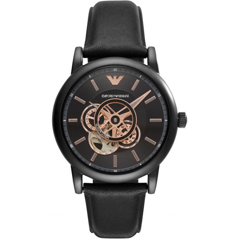 Emporio Armani Luigi Automatic Skeleton Black Dial Black Leather Strap Watch For Men - AR60012