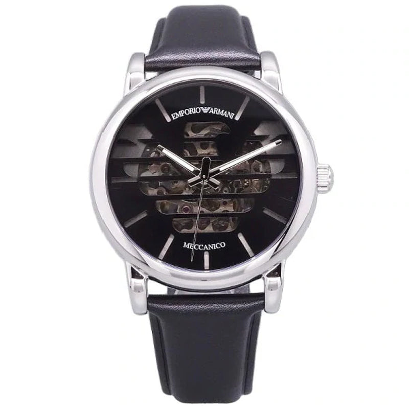 Emporio Armani Analog Automatic Black Dial Black Leather Strap Watch For Men - AR60040