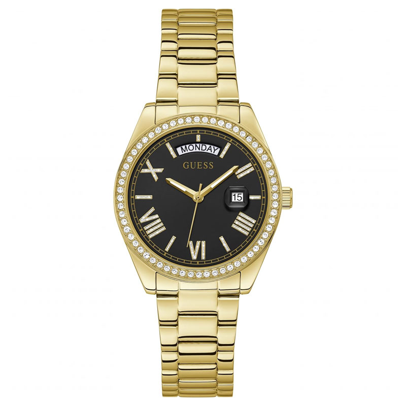 Guess Luna Diamonds Black Dial Gold Steel Strap Watch for Women - GW0307L2