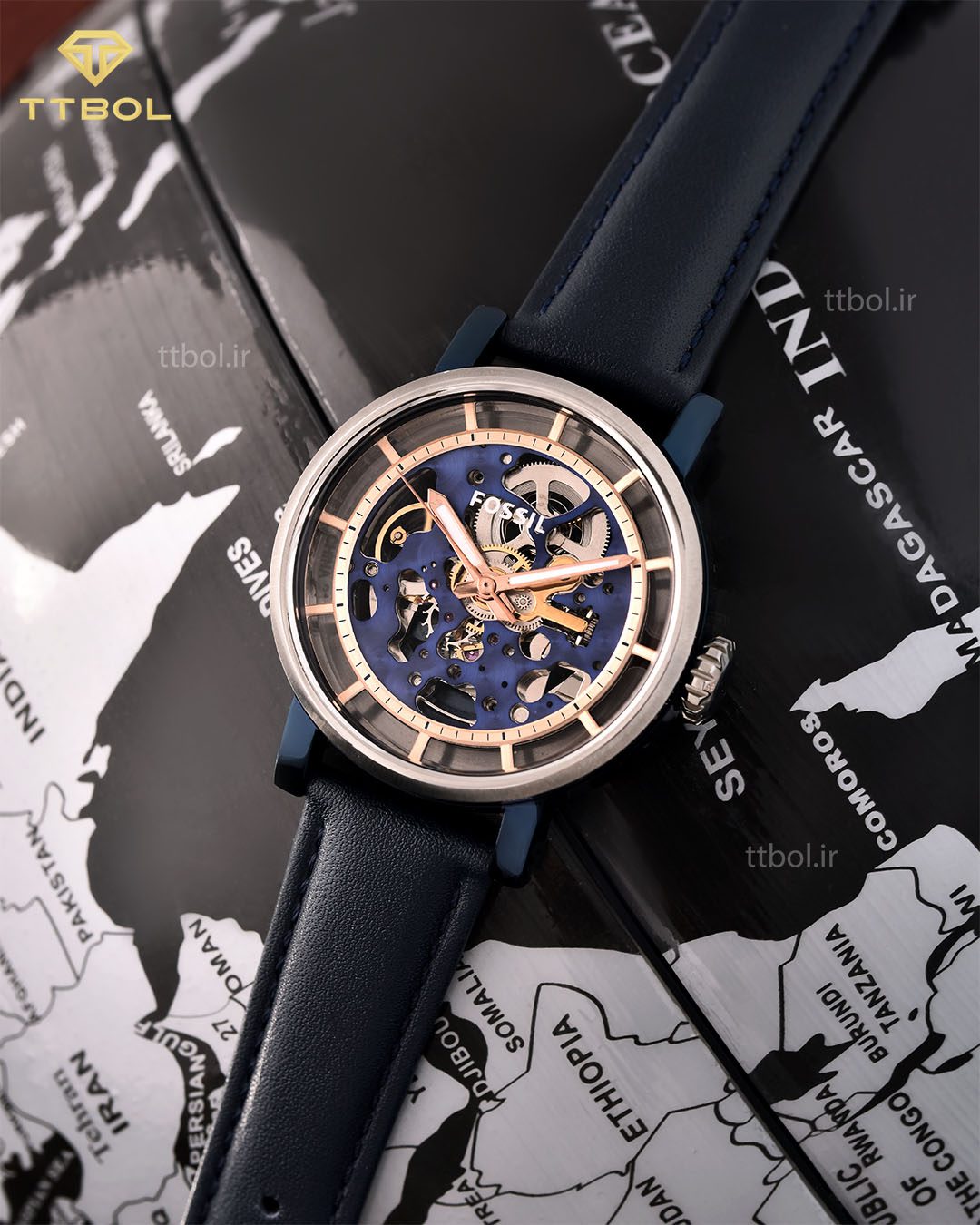 Fossil Boyfriend Skeleton Blue Dial Blue Leather Strap Watch for Women - ME3136