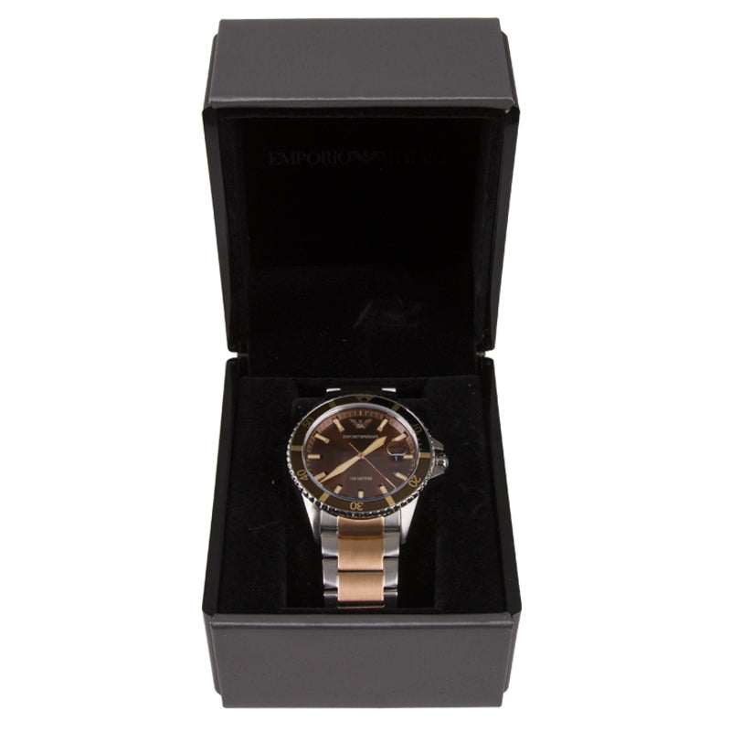 Emporio Armani Diver Quartz Brown Dial Two Tone Steel Strap Watch For Men - AR11340