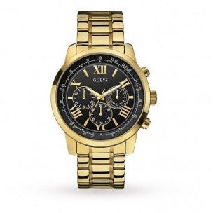 Guess Horizon Chronograph Black Dial Gold Steel Strap Watch For Men - W0379G4