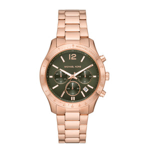 Michael Kors Berkley Chronograph Green Dial Rose Gold Steel Strap Watch For Women - MK7412