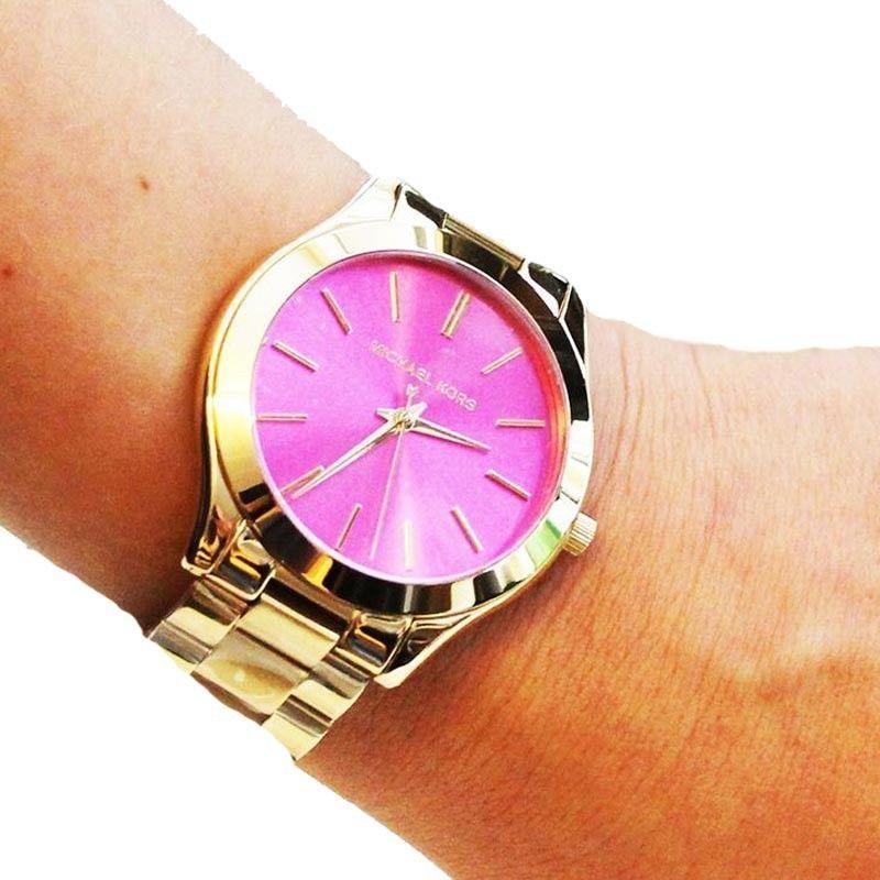 Michael Kors Slim Runway Pink Dial Rose Gold Steel Strap Watch for Women - MK3264
