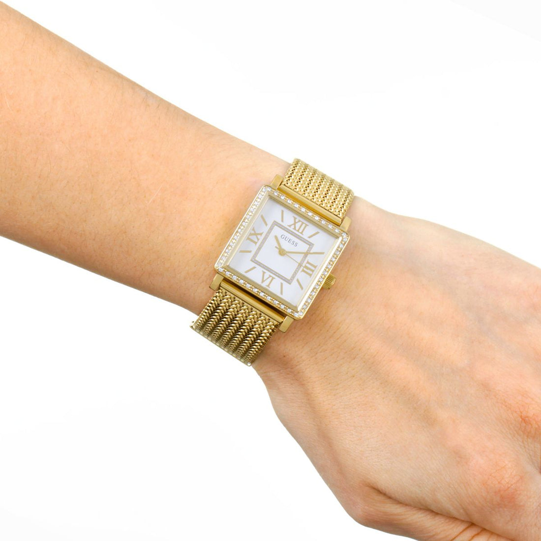 Guess White Dial Gold Mesh Bracelet Watch For Women - W0826L2