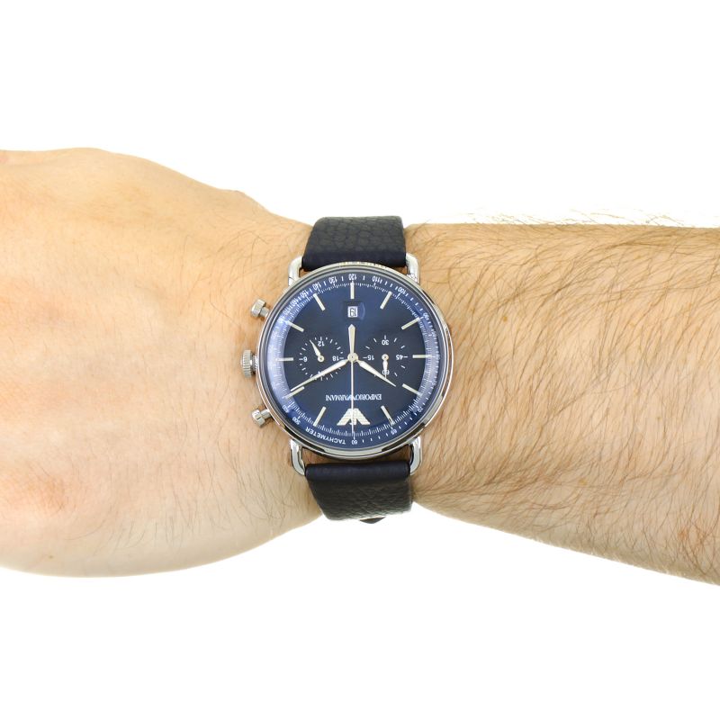 Emporio Armani Aviator Blue Dial Blue Leather Strap Watch For Men - AR11105