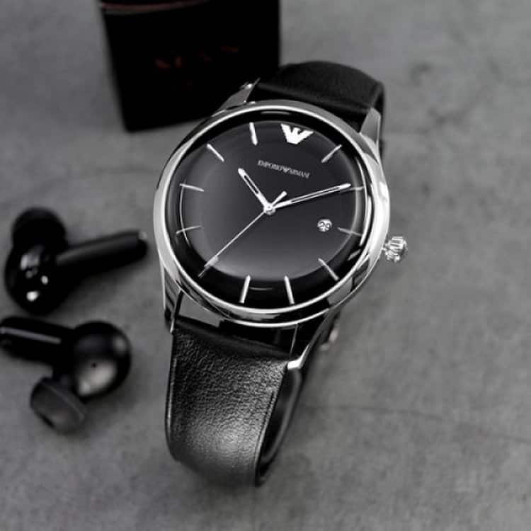 Emporio Armani Lambda Classic Quartz Black Dial Black Leather Strap Watch For Men - AR11020