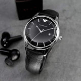 Emporio Armani Lambda Classic Quartz Black Dial Black Leather Strap Watch For Men - AR11020