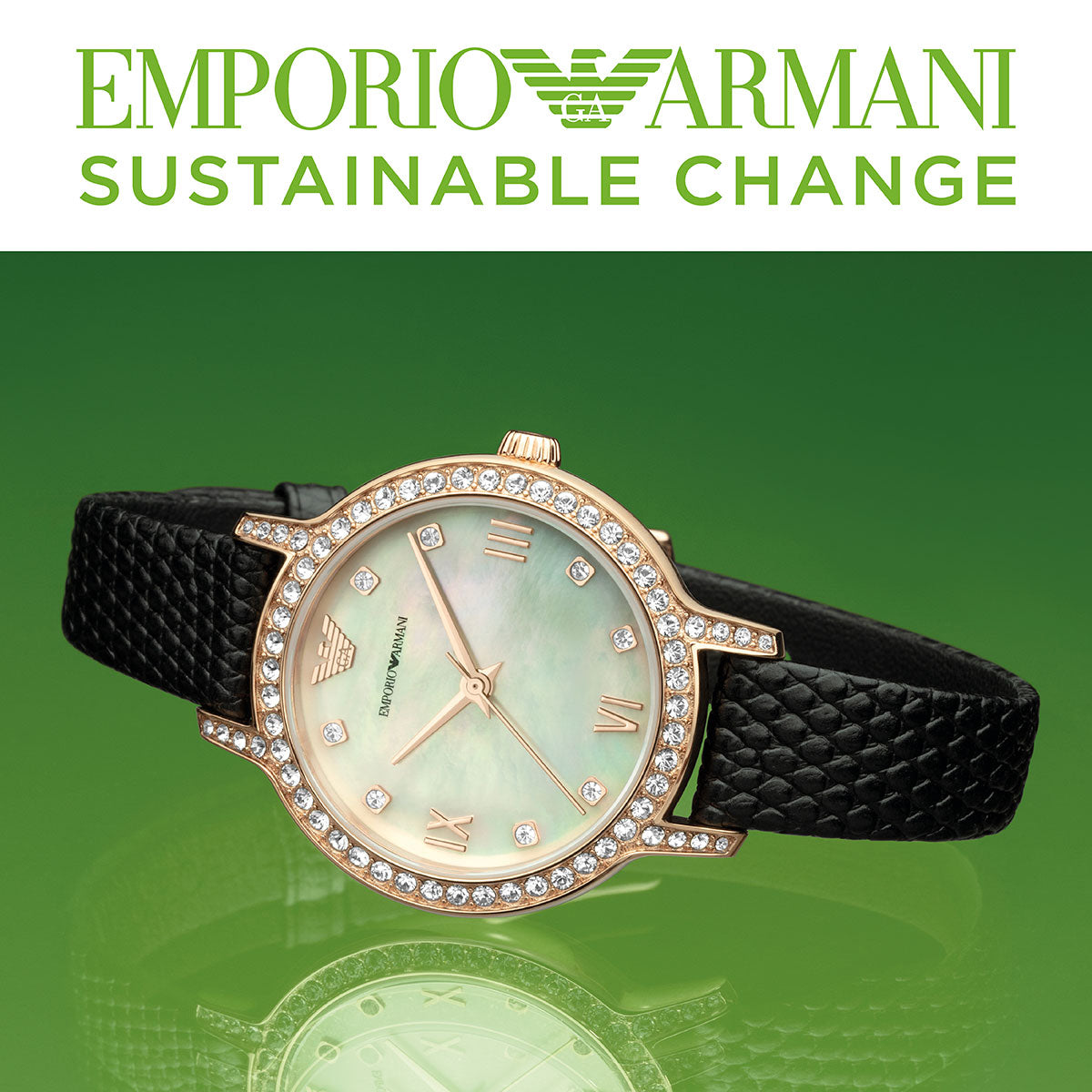 Emporio Armani Cleo Three-Hand Mother of Pearl Dial Black Leather Strap Watch For Women - AR11485