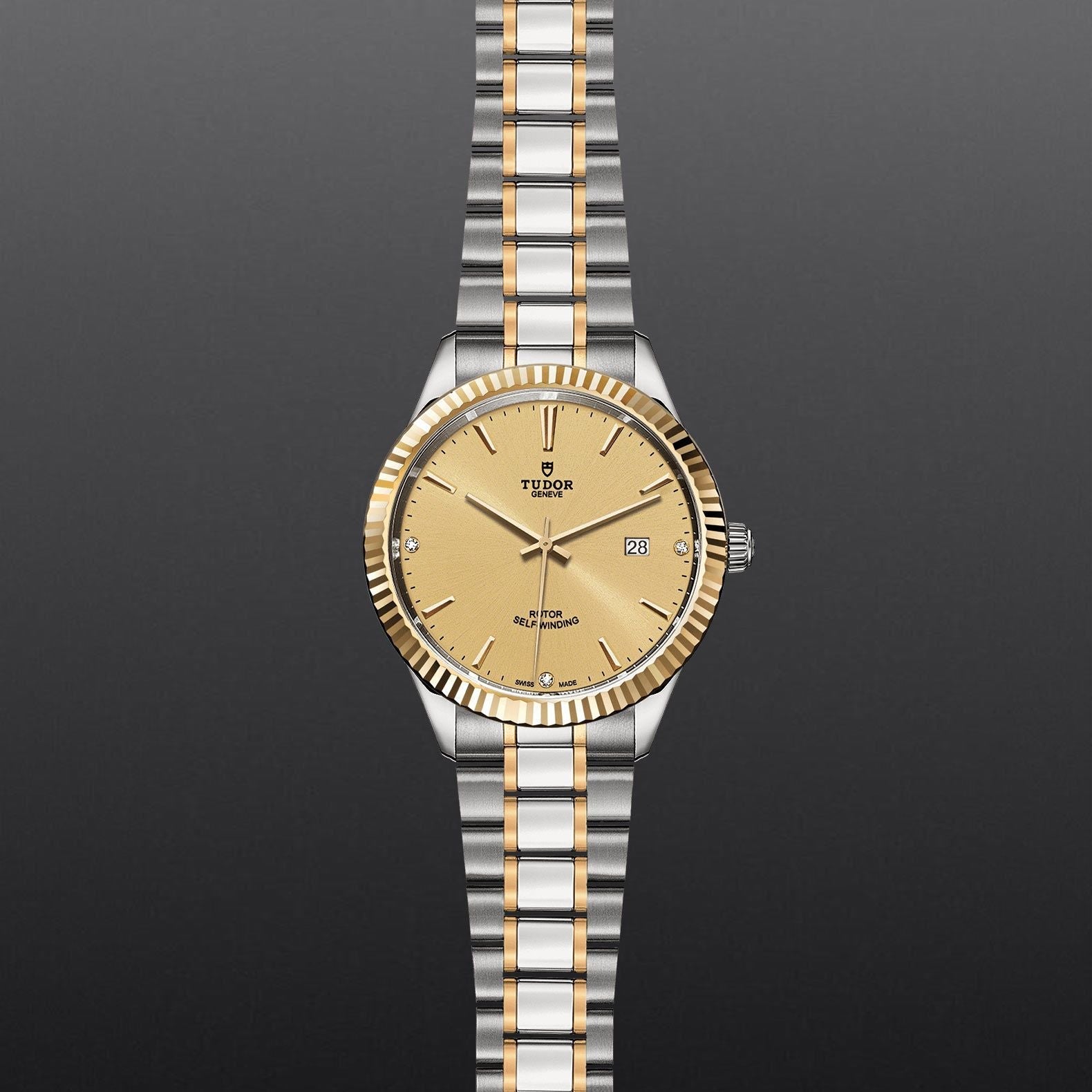 Tudor Style Automatic Diamonds Gold Dial Two Tone Steel Strap Watch for Men - M12713-0007