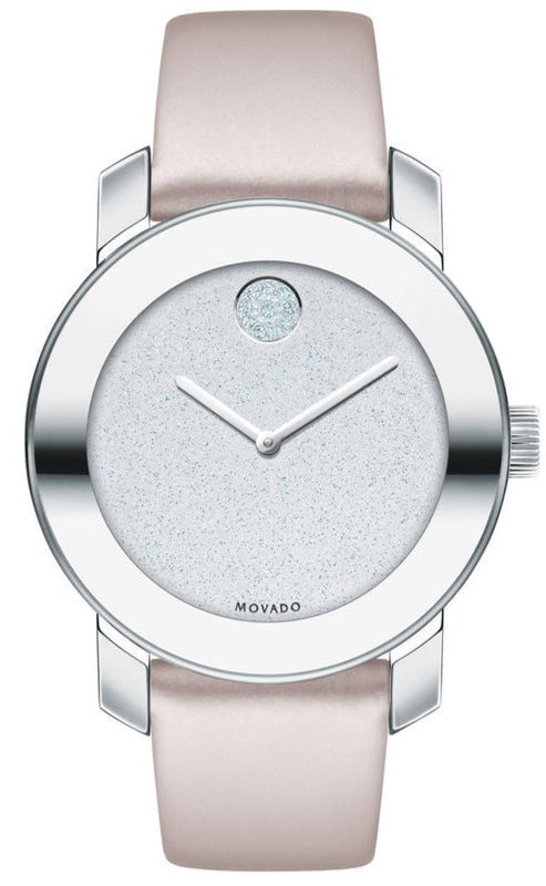 Movado Bold Glitter Silver Dial Pink Leather Strap Watch For Women - 3600522