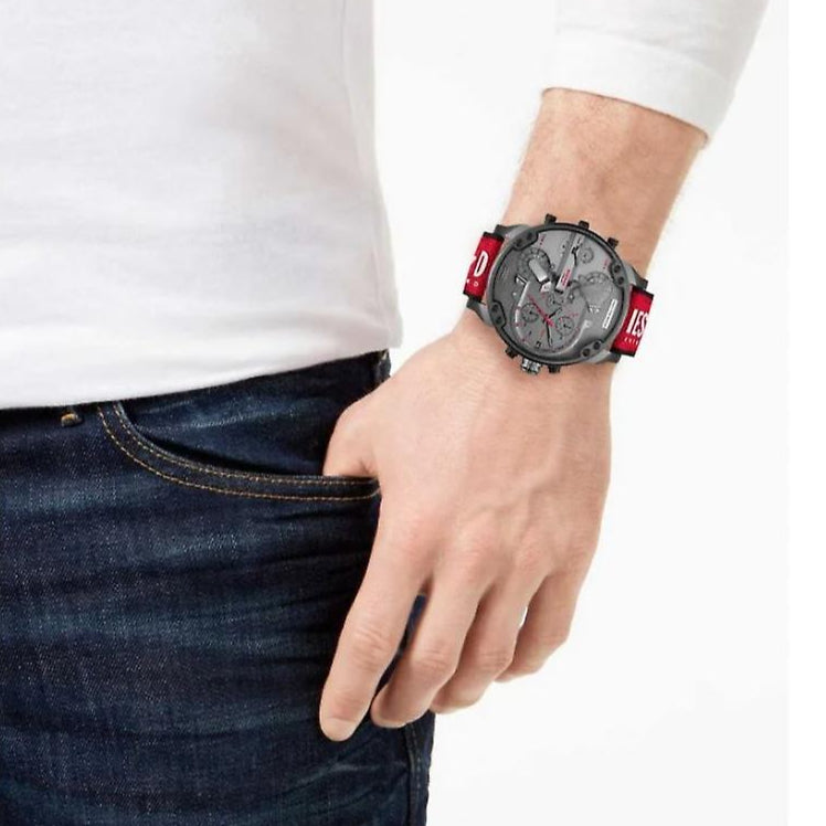 Diesel Mr Daddy 2.0 Chronograph Grey Dial Red Rubber Strap Watch For Men - DZ7423
