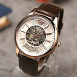 Emporio Armani Epoca White Skeletal Dial Black Leather Strap Watch For Men - AR2073