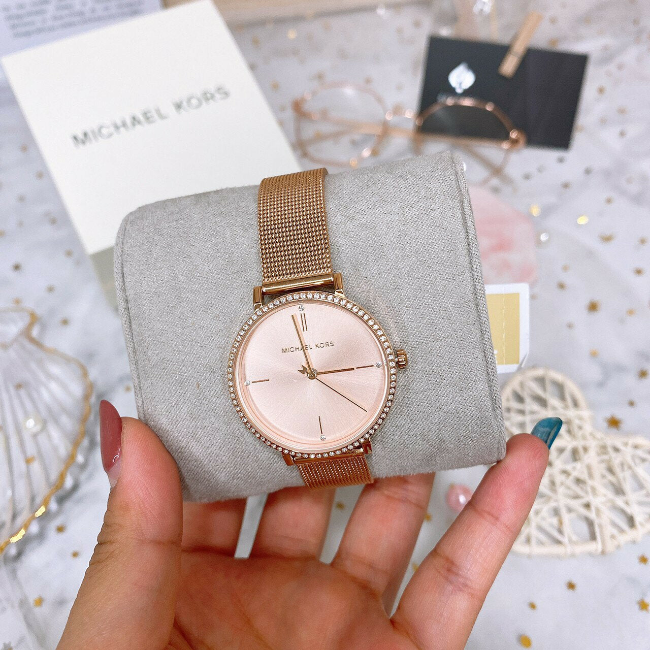 Michael Kors Mini Jayne Crystals Rose Gold Dial Rose Gold Mesh Strap Watch for Women - MK7122