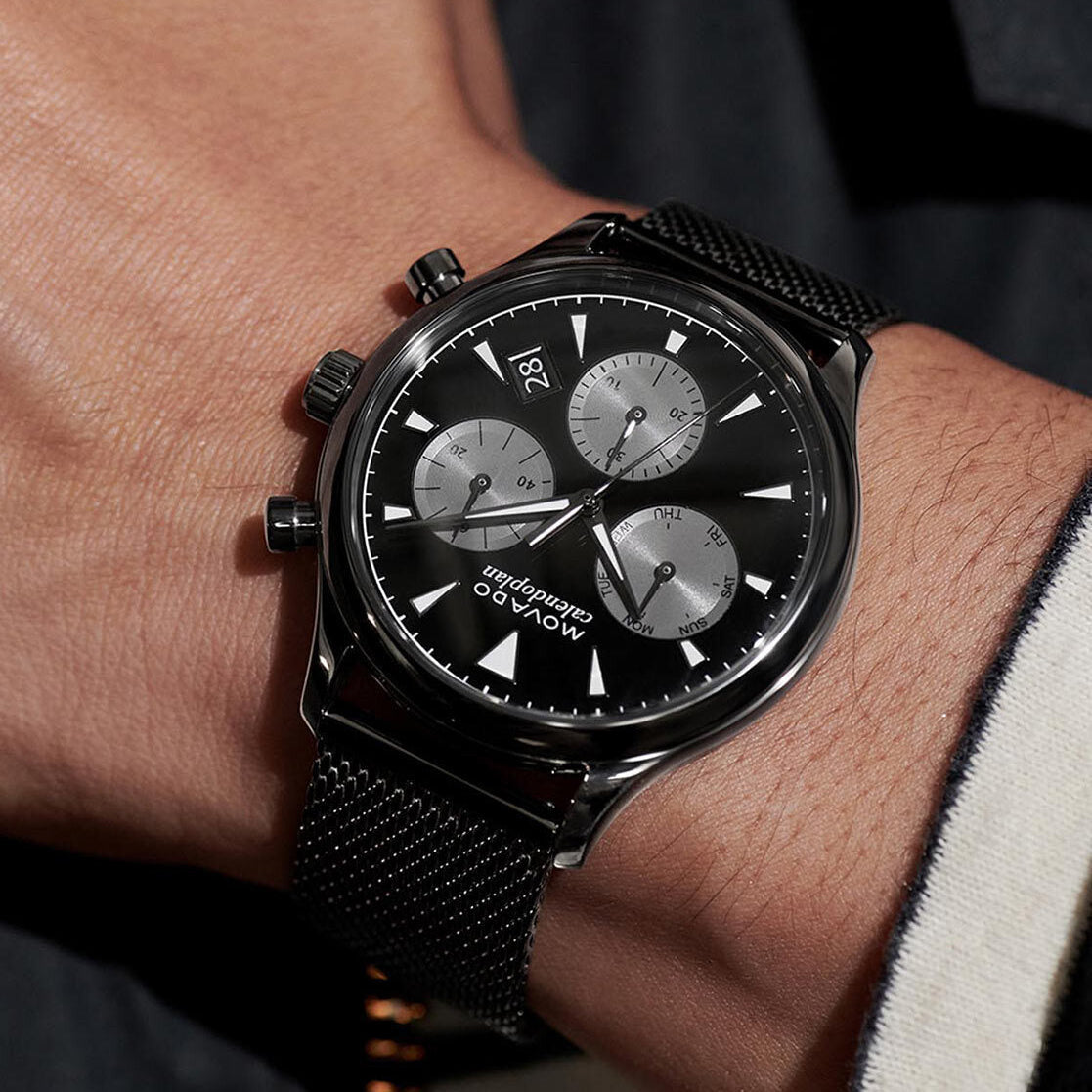 Movado Heritage Calendoplan Chronograph Black Dial Grey Mesh Strap Watch for Men - 3650100