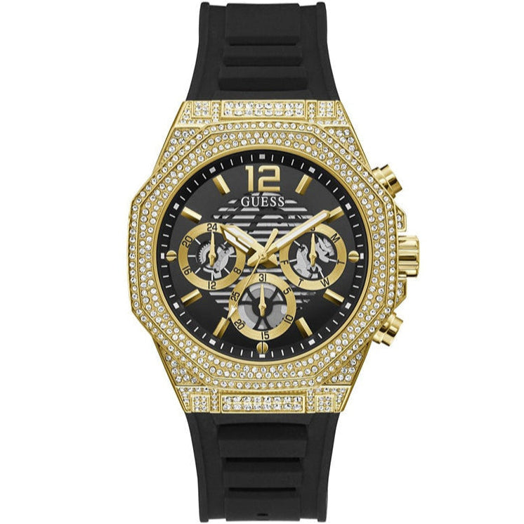 Guess Momentum Chronograph Diamonds Black Dial Black Silicone Strap Watch For Men - GW0518G2