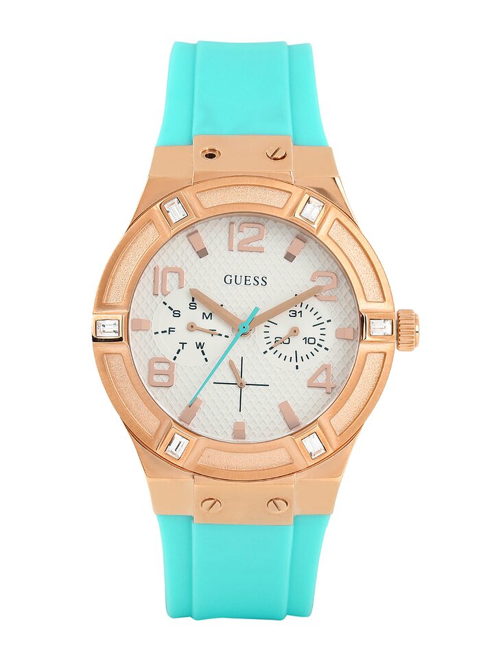 Guess Jet Setter White Dial Turquoise Silicone Strap Watch For Women - W0564L3