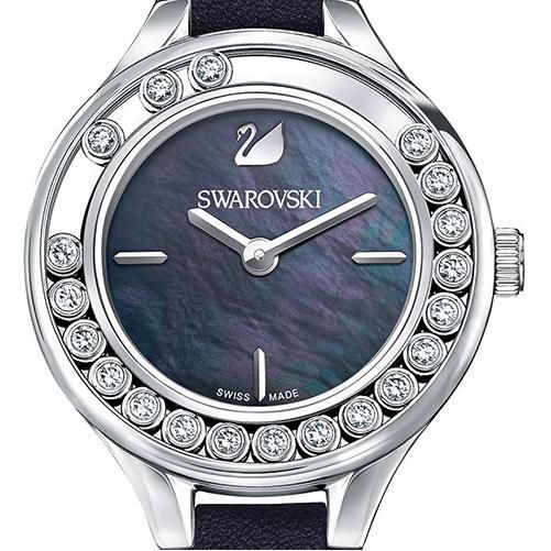 Swarovski Lovely Crystals Mother of Pearl Black Dial Black Leather Strap Watch for Women - 5242898