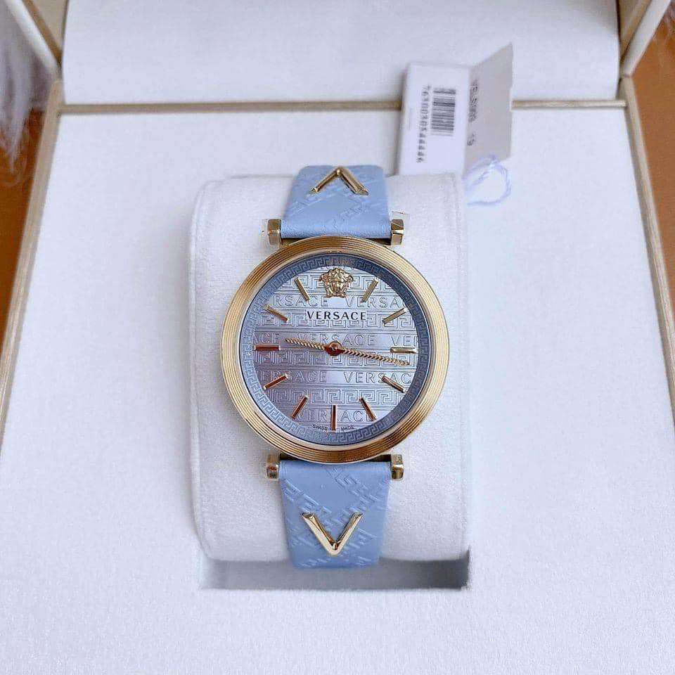 Versace V-Twist Blue Dial Blue Leather Strap Watch for Women - VELS00319