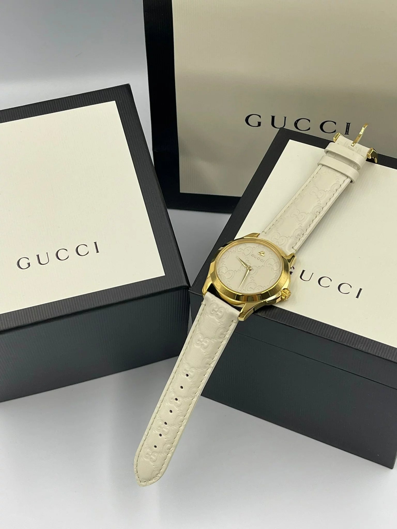 Gucci G Timeless Quartz White Dial White Leather Strap Watch For Women - YA126580A