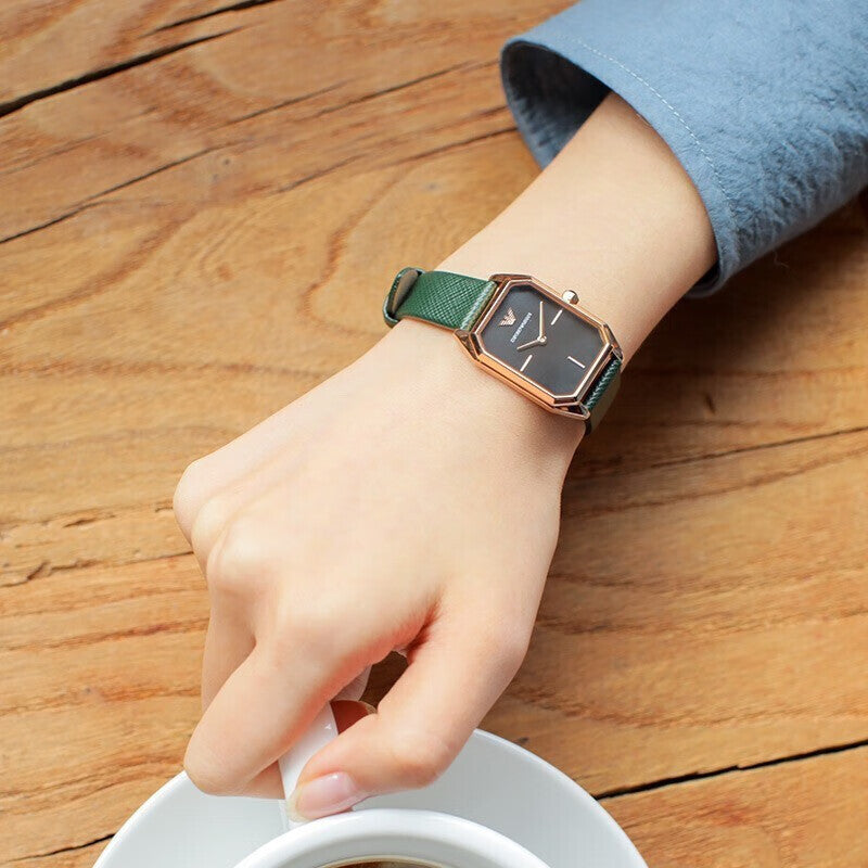 Emporio Armani Gioia Analog Black Mother of Pearl Dial Green Leather Strap Watch For Women - AR11149