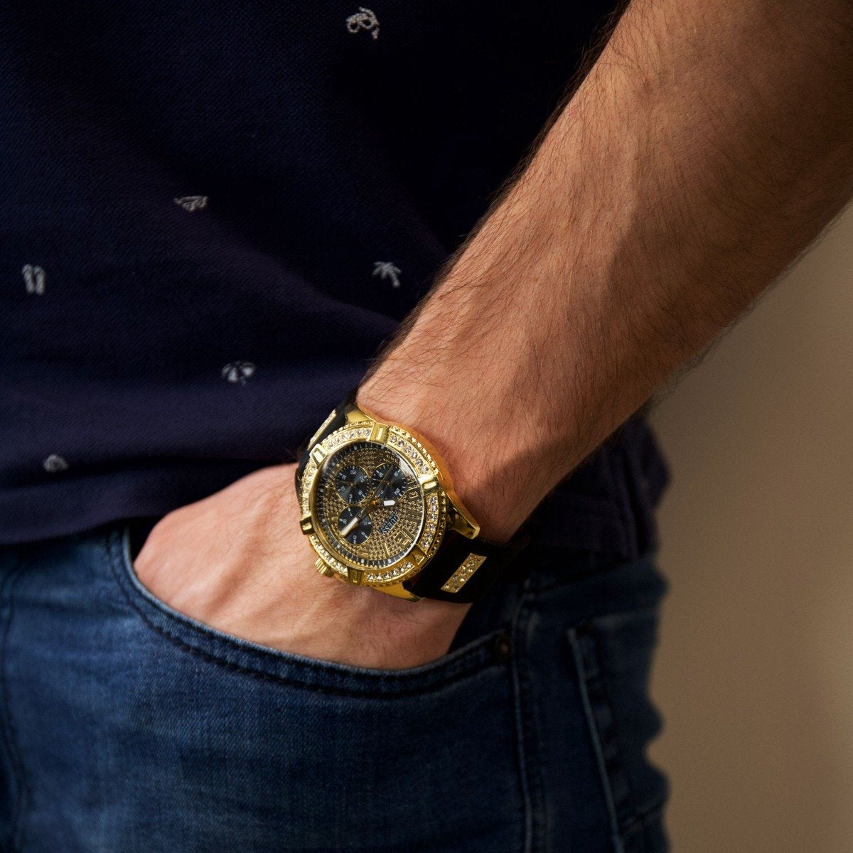 Guess Frontier Crystals Black Dial Black Silicone Strap Watch For Men - W1132G1