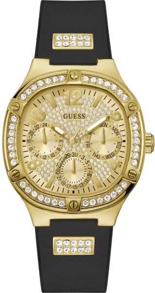 Guess Duchess Crystals Gold Dial Black Silicon Strap Watch For Women - GW0619L2