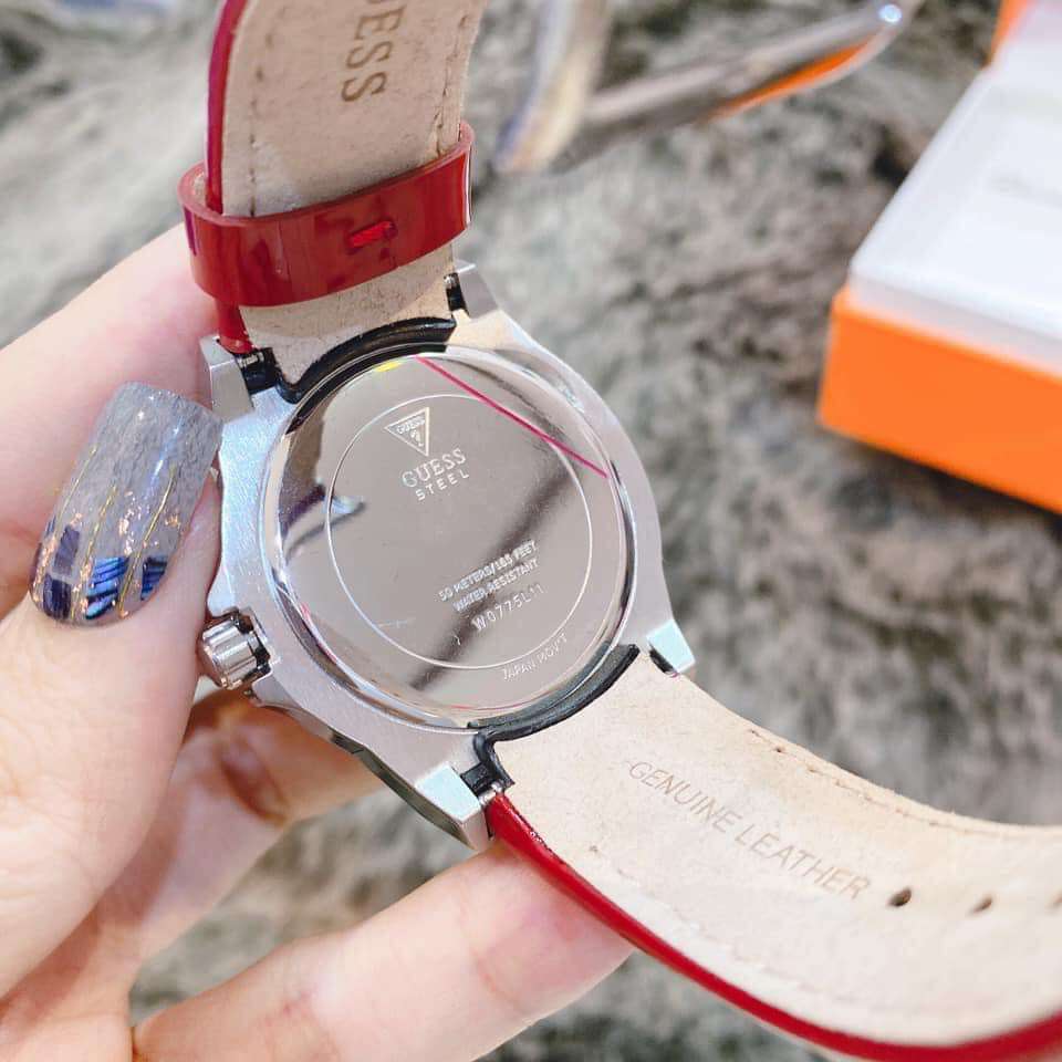 Guess Limelight Quartz Diamonds White Dial Red Leather Strap Watch For Women - W0775L11