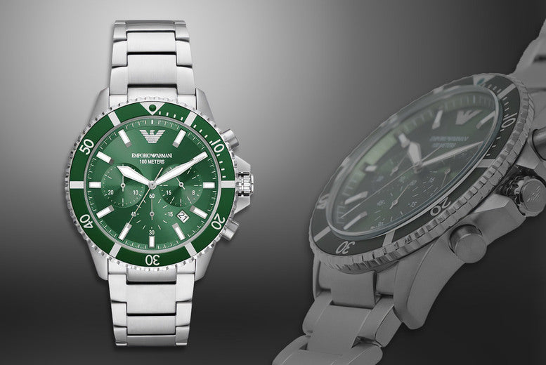Emporio Armani Diver Chronograph Green Dial Silver Steel Strap Watch For Men - AR11500