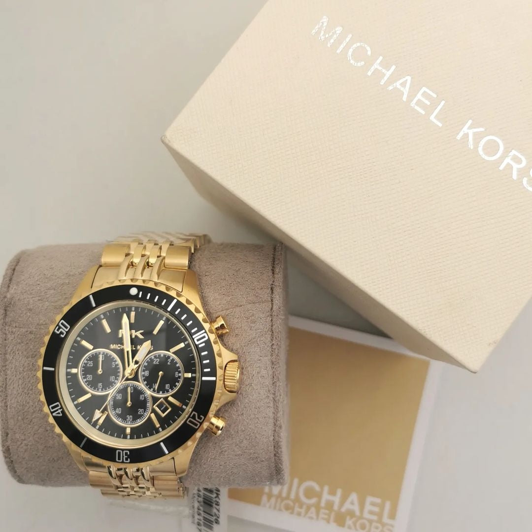Michael Kors Bayville Chronograph Black Dial Gold Steel Strap Watch For Men - MK8726