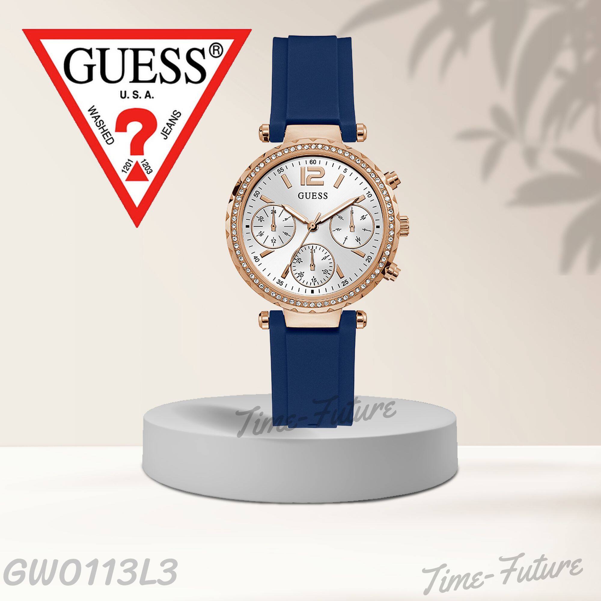 Guess Solstice Diamonds Silver Dial Blue Rubber Strap Watch for Women - GW0113L3