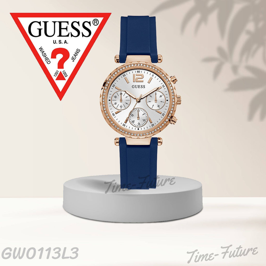 Guess Solstice Diamonds Silver Dial Blue Rubber Strap Watch for Women - GW0113L3