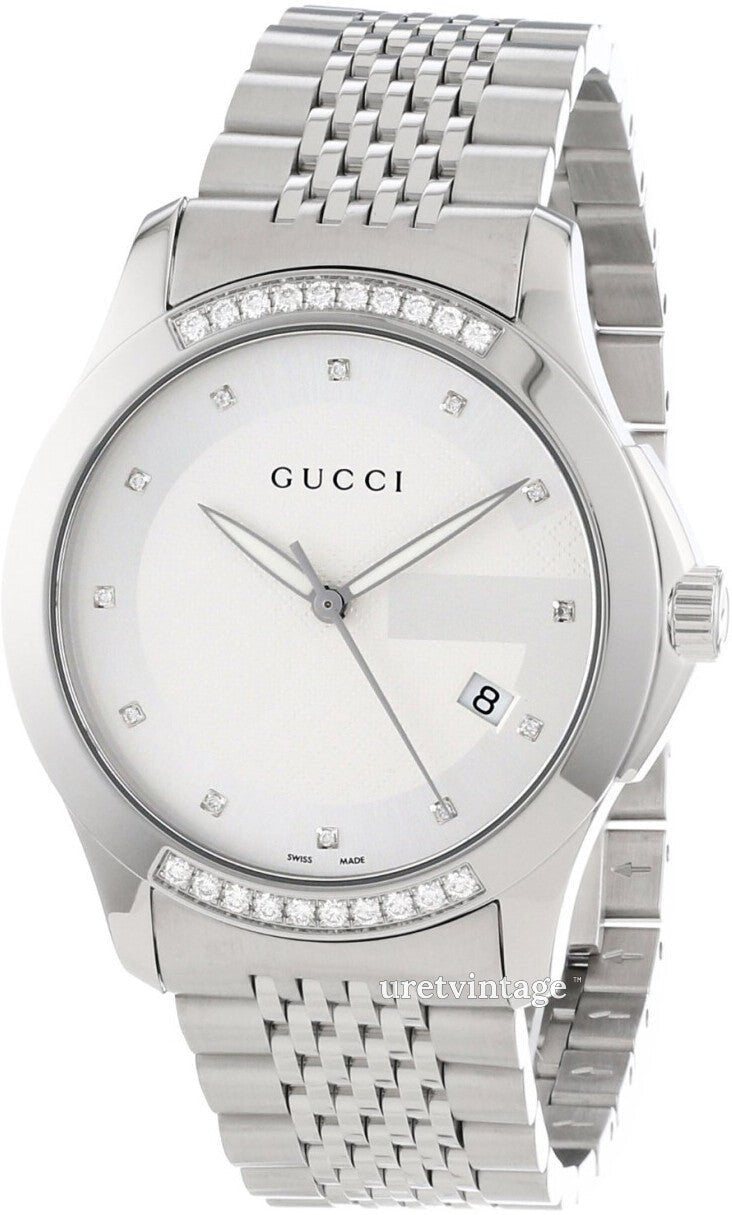 Gucci G Timeless Diamonds Silver Dial Silver Steel Strap Watch For Men - YA126407