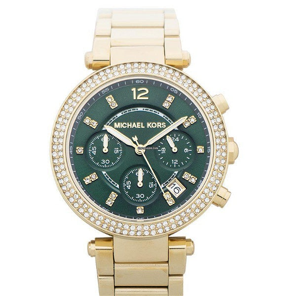 Michael Kors Parker Chronograph Green Dial Gold Steel Strap Watch for Women - MK6263