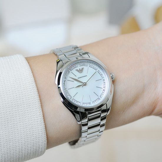 Emporio Armani Valeria Quartz Mother of Pearl Dial Silver Steel Strap Watch For Women - AR11030