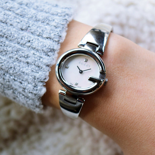 Gucci Guccissima Diamonds Mother of Pearl Dial Silver Steel Strap Watch For Women - YA134504